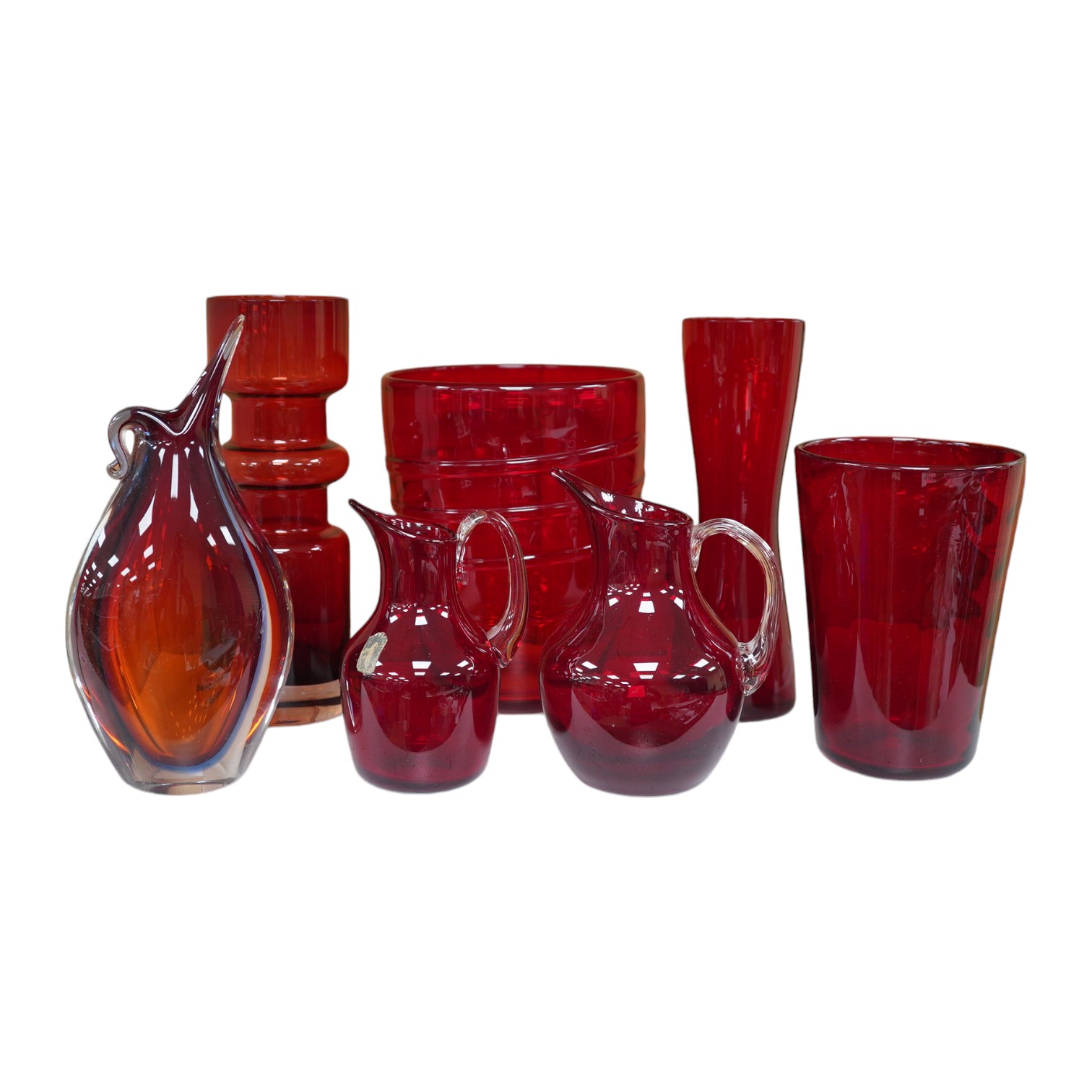 Seven red glass vases including Whitefriars, tallest 21cm high. Condition -good